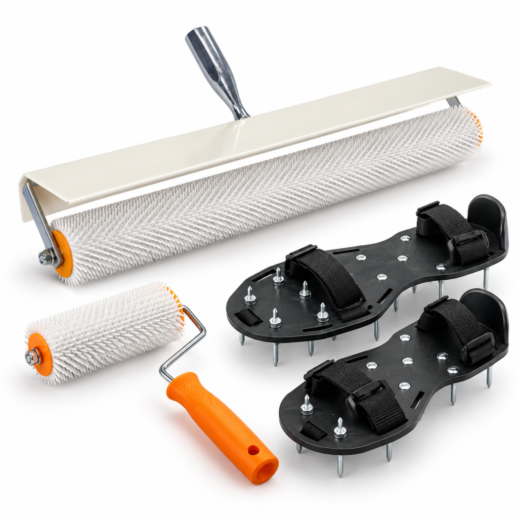 Epoxy flooring tools by NS Tools including spiked rollers and spiked shoes