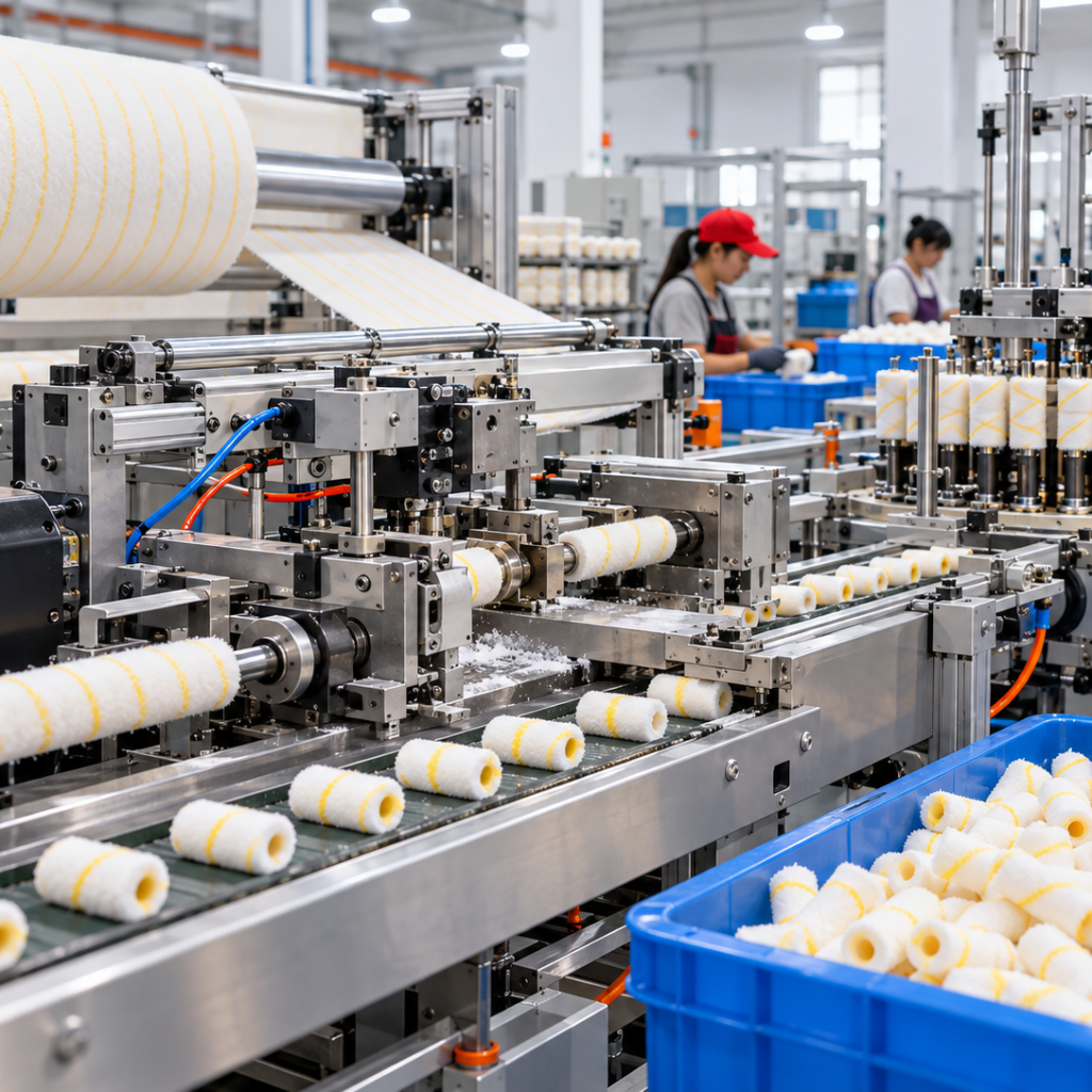 NS Tools mini paint roller production line with automated manufacturing machine and finished mini roller covers