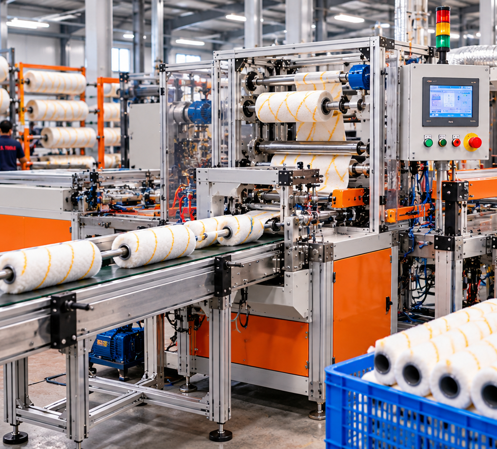 NS Tools automated paint roller manufacturing unit with roller production line and finished paint rollers
