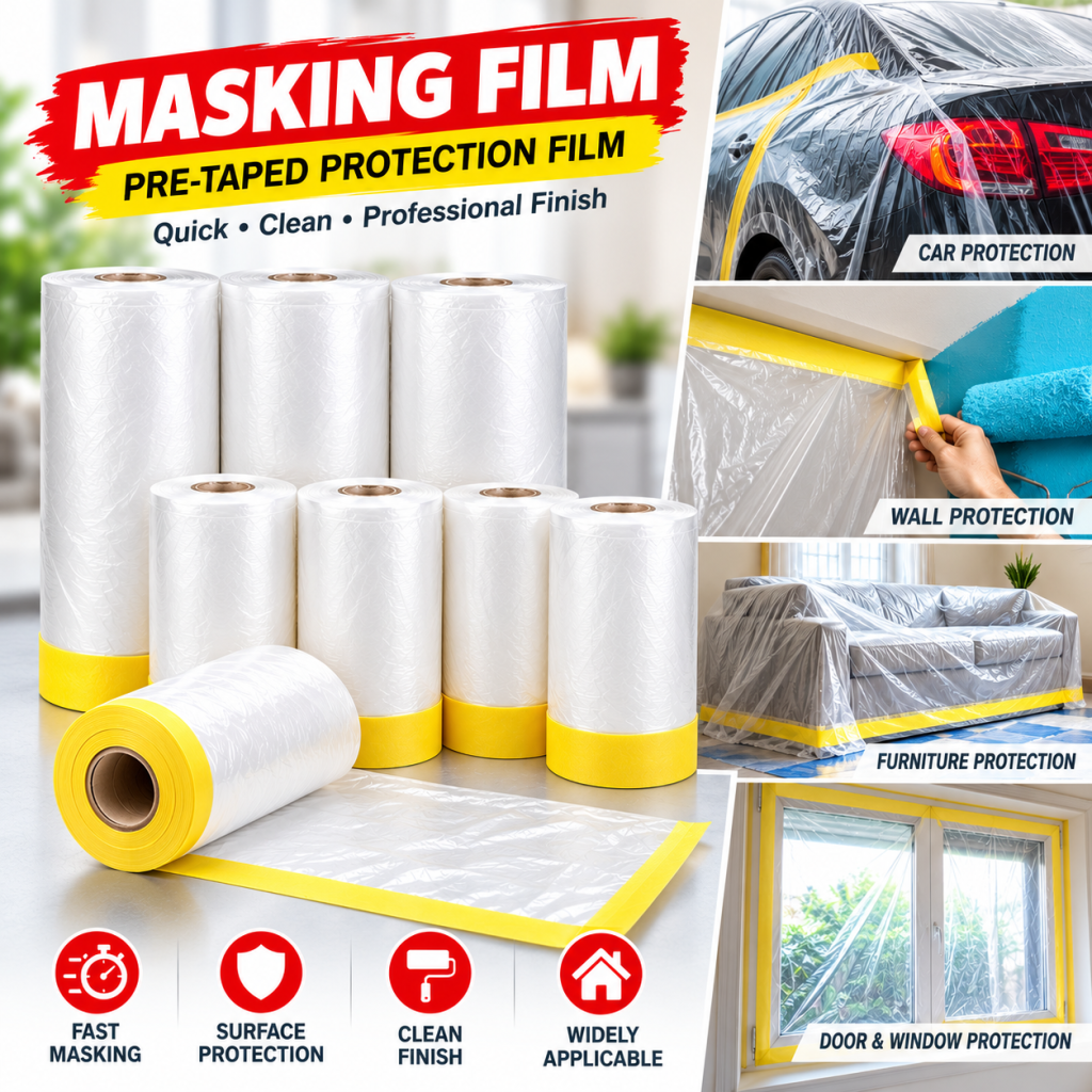Pre-taped masking film for car, wall, furniture, door and window protection during painting
